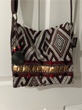 Ethnic Pattern Crossbody Bag with Gold Accents - Brown/Black/Cream